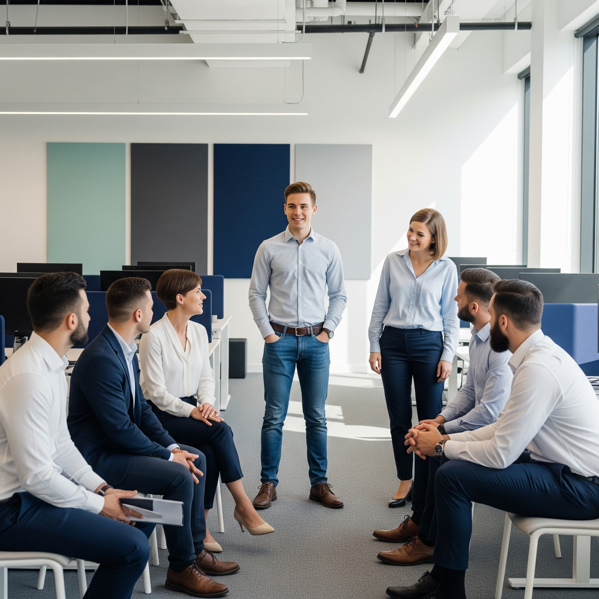 A diverse group of employees gathers in a modern office for a team huddle or group interview, attentively engaging with a job candidate. The setting features minimalist design with soft lighting, neutral walls, and subtle navy and teal accents, reflecting a collaborative and welcoming workplace atmosphere.