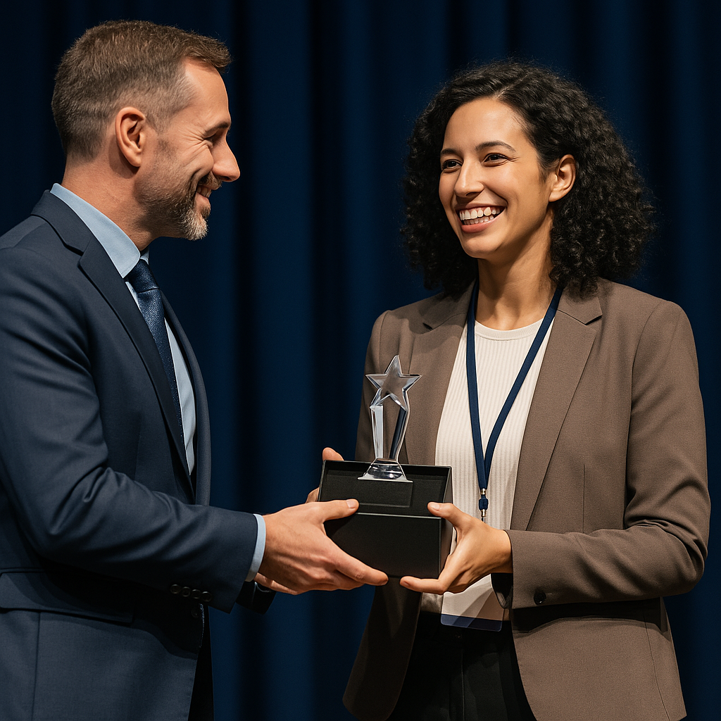 Corporate award ceremony where a smiling woman in a blazer receives a star-shaped glass trophy in a black gift box from a man in a navy suit. They stand on stage against a dark blue curtain, highlighting formal recognition and professional achievement.