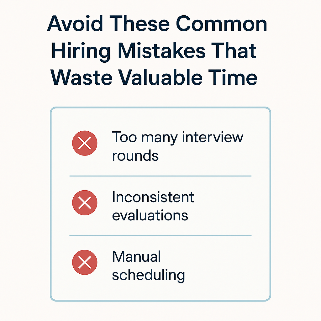 Minimalist infographic titled 'Avoid These Common Hiring Mistakes That Waste Valuable Time' showing a checklist with three items, each marked with a red X: 'Too many interview rounds,' 'Inconsistent evaluations,' and 'Manual scheduling.' Set on a light background with navy and soft teal accents for a clean, professional look.