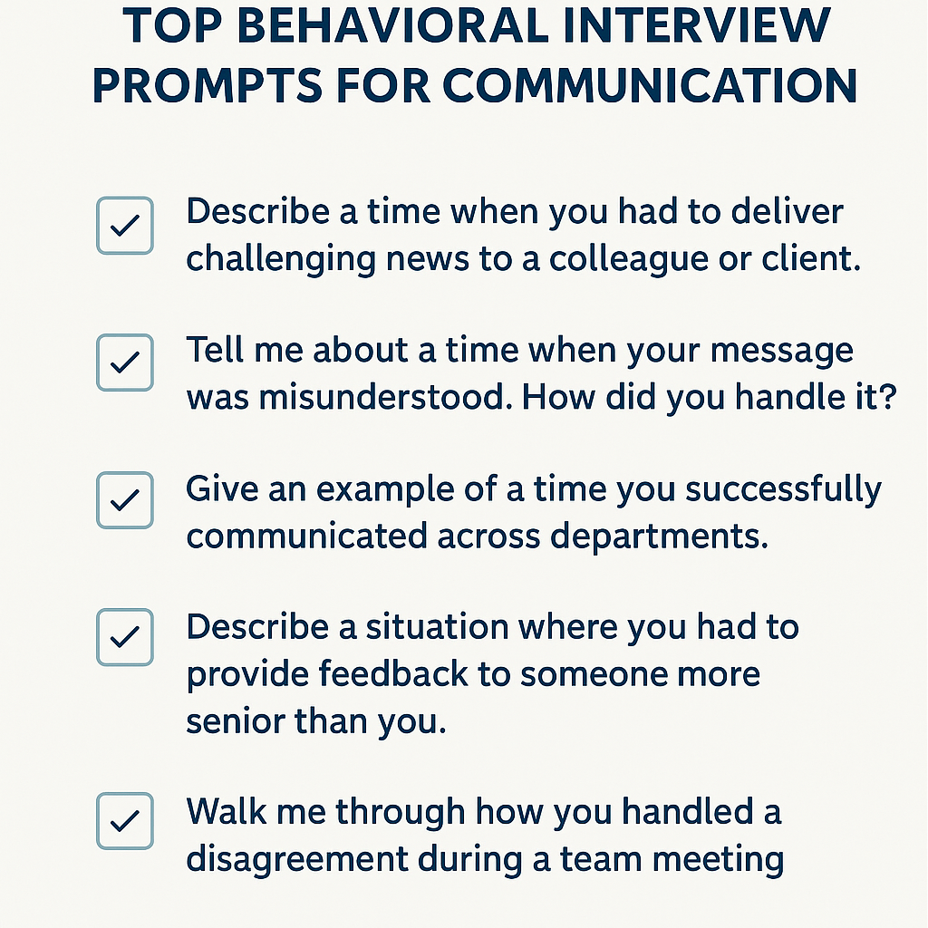 Checklist-style graphic titled “Top Behavioral Interview Prompts for Communication,” featuring five interview questions with teal checkmarks. The questions focus on delivering difficult news, handling misunderstandings, cross-department communication, giving feedback to senior colleagues, and managing disagreements in team settings. 