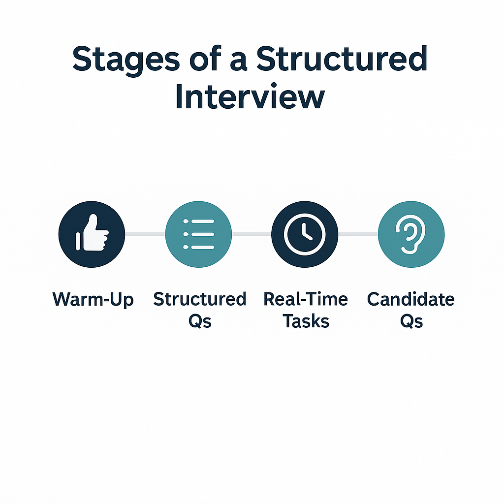 Timeline graphic titled “Stages of a Structured Interview” showing four sequential stages: Warm-Up (thumbs-up icon), Structured Qs (bullet list icon), Real-Time Tasks (clock icon), and Candidate Qs (ear icon), arranged horizontally with minimalist teal and navy styling.