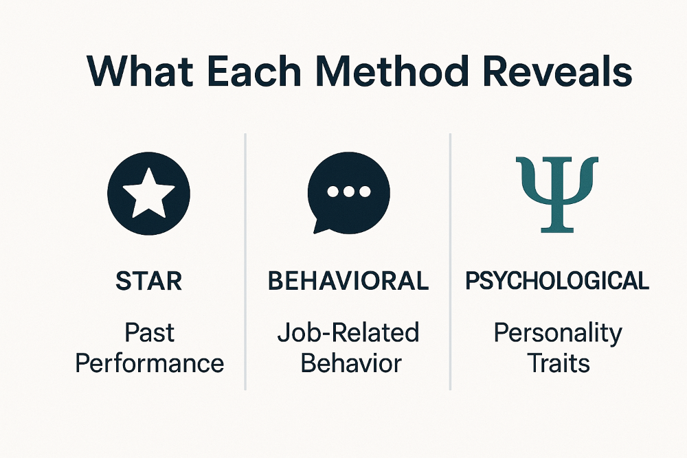 Infographic titled 'What Each Method Reveals' showing a side-by-side comparison of three interview approaches. The STAR method is represented by a star icon and labeled 'Past Performance.' The Behavioral method uses a speech bubble icon with the label 'Job-Related Behavior.' The Psychological method features a Psi (Ψ) symbol and is labeled 'Personality Traits.' All elements are organized in a minimalist, three-column layout using navy and teal tones on a light background.