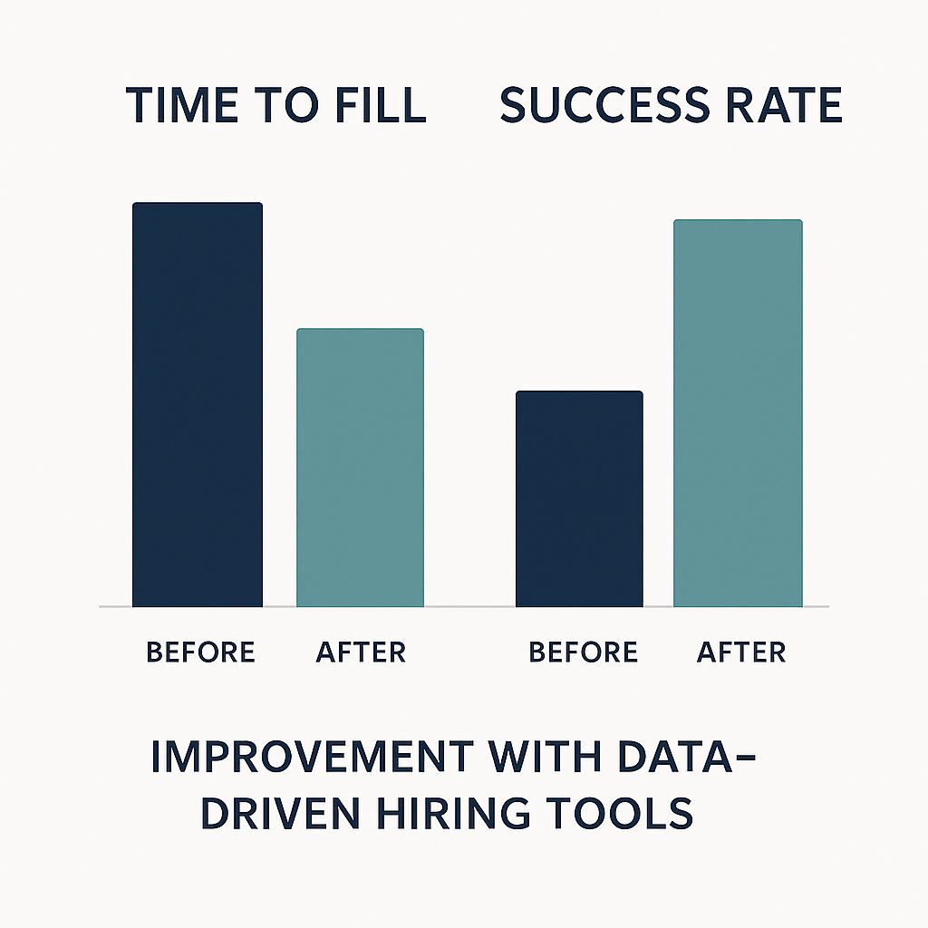Bar chart comparing hiring metrics before and after using data-driven tools. 'Time to Fill' decreases from a tall dark navy bar (Before) to a shorter teal bar (After). 'Success Rate' increases from a shorter dark navy bar (Before) to a taller teal bar (After). Caption below reads: 'Improvement with Data-Driven Hiring Tools.'