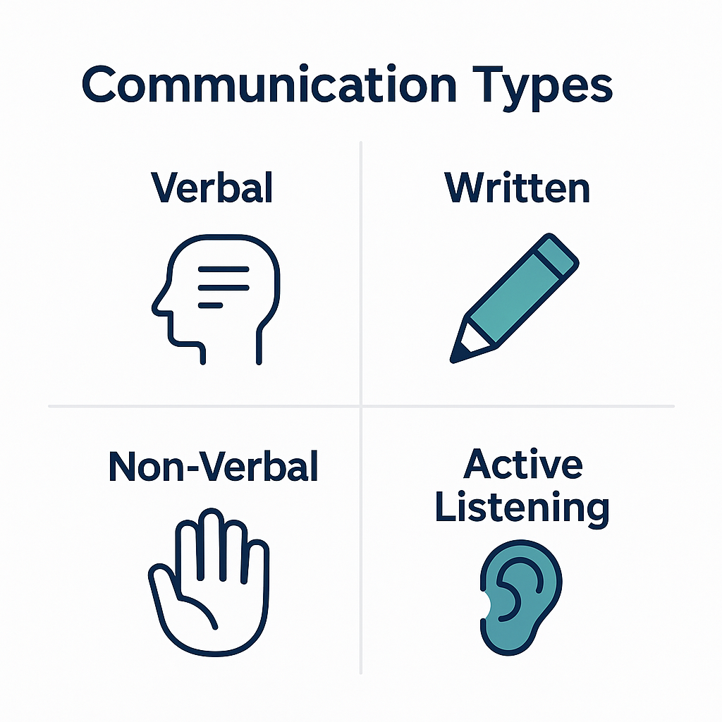 Infographic showing four communication types in a quadrant layout: Verbal (head icon), Written (pencil icon), Non-Verbal (hand icon), and Active Listening (ear icon), using minimalist teal and navy design.