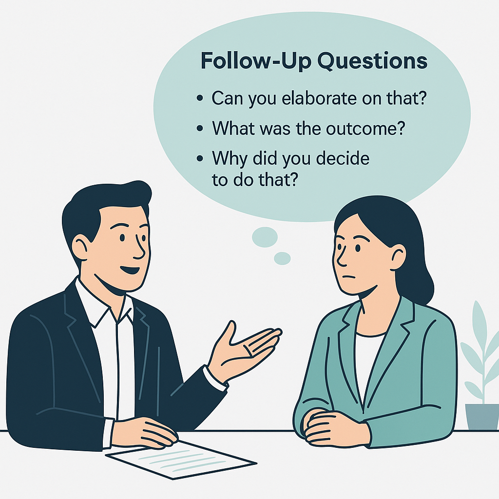 Illustration of a job interview scene with a male candidate and female interviewer seated at a table. A teal thought bubble above the interviewer contains follow-up questions: “Can you elaborate on that?”, “What was the outcome?”, and “Why did you decide to do that?”, in a clean, modern cartoon style.
