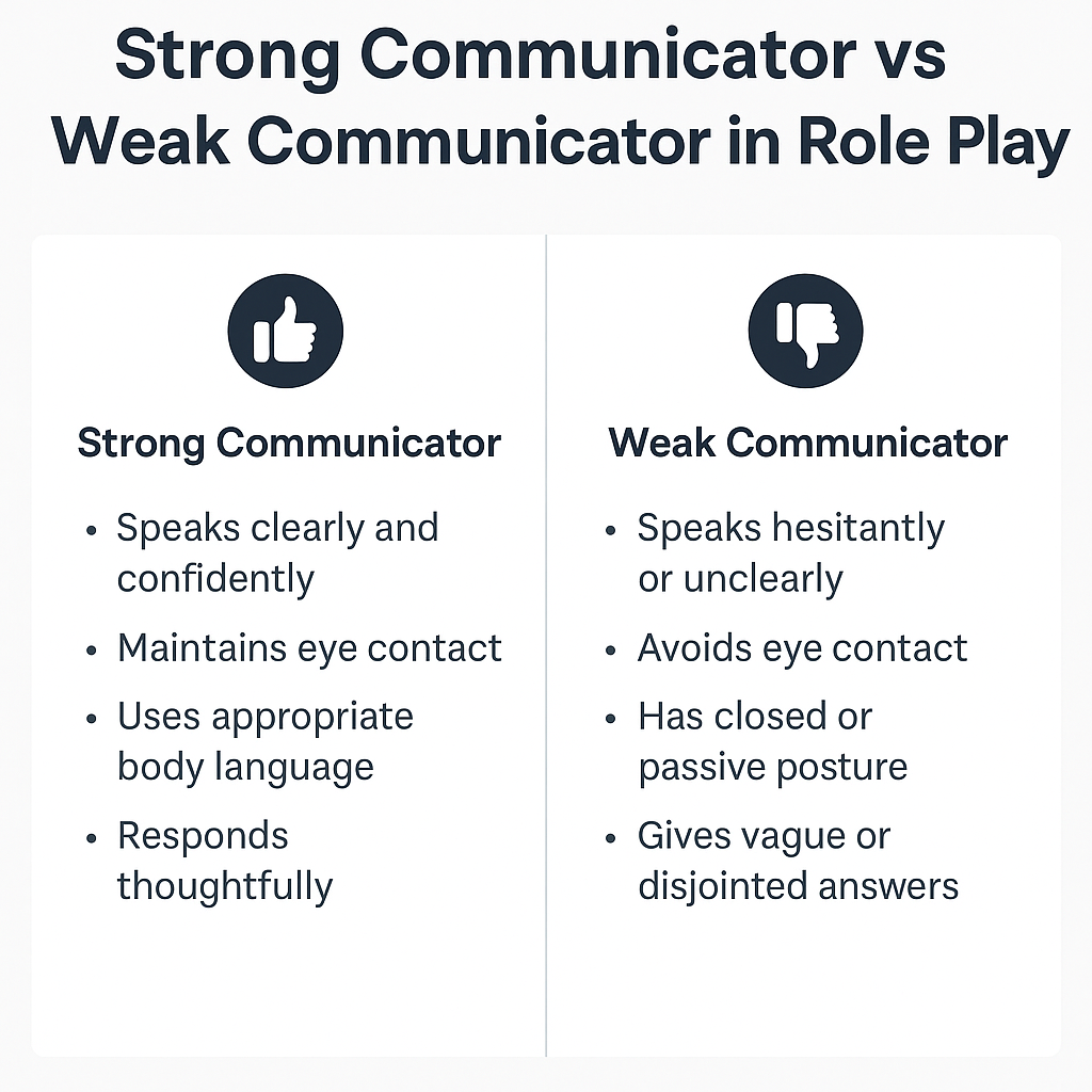 Side-by-side infographic titled “Strong Communicator vs Weak Communicator in Role Play,” comparing traits like clear speech, eye contact, and body language for strong communicators versus hesitancy, avoidance, and vague responses for weak communicators. Includes thumbs-up and thumbs-down icons in a clean, minimalist layout.