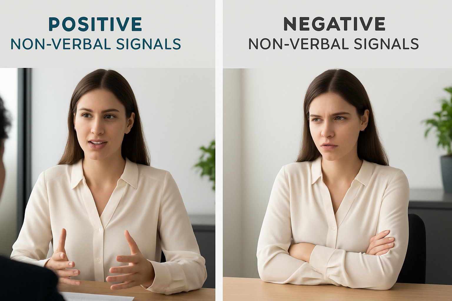 Split-screen photo of a female job candidate in an interview setting. The left side shows positive non-verbal cues: open posture, hand gestures, and a relaxed expression. The right side shows negative cues: crossed arms, tense facial expression, and defensive body language. Both scenes take place in a minimal office environment.