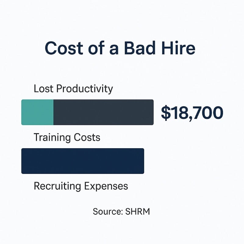 Infographic titled "Cost of a Bad Hire" featuring a breakdown of $18,700 into three labeled horizontal bars: "Lost Productivity," "Training Costs," and "Recruiting Expenses." The bars use soft teal, charcoal, and deep navy on a light gray background. The source is cited as SHRM.