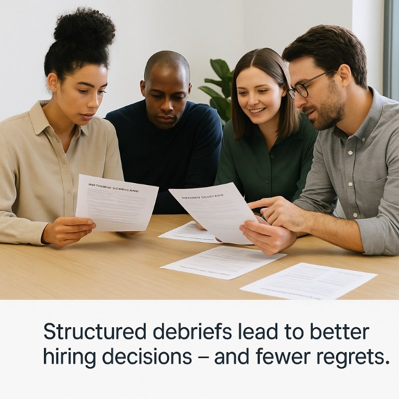 A professional photograph shows four diverse team members gathered around a light wooden table in a modern office setting. They are reviewing printed documents labeled “INTERVIEW SCORECARD” while engaging in a focused discussion. The group appears collaborative and attentive, reflecting a structured debrief meeting. Below the image, a caption in clean sans-serif font reads: “Structured debriefs lead to better hiring decisions – and fewer regrets.” The background is minimal, with a soft, natural light and a potted plant visible in the corner.