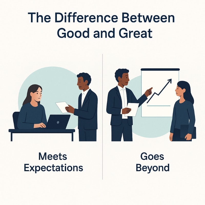 Visual comparison titled “The Difference Between Good and Great,” showing two workplace scenes. On the left, a woman sits at a desk with a laptop as a man hands her a document — labeled “Meets Expectations.” On the right, the same man and woman stand beside a presentation board with a rising graph — labeled “Goes Beyond,” symbolizing proactive, results-driven behavior. Clean, minimalist design with navy, teal, and light gray tones.