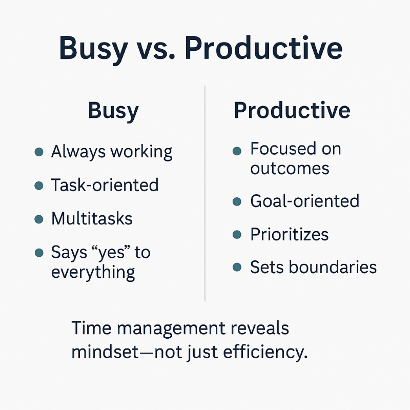 A clean, minimalist infographic titled “Busy vs. Productive,” displaying two side-by-side columns on a light background. The left column, labeled “Busy,” lists traits: “Always working,” “Task-oriented,” “Multitasks,” and “Says ‘yes’ to everything.” The right column, labeled “Productive,” includes: “Focused on outcomes,” “Goal-oriented,” “Prioritizes,” and “Sets boundaries.” At the bottom, a caption reads: “Time management reveals mindset—not just efficiency.” The design uses navy-blue and teal tones with simple dot icons for clarity.
