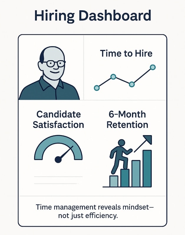 A flat-style digital illustration of a “Hiring Dashboard” with a clean, data-driven layout. The dashboard includes three visual KPI elements: a line graph labeled “Time to Hire,” a semi-circular gauge labeled “Candidate Satisfaction,” and a bar chart with an upward arrow labeled “6-Month Retention.” The design uses navy and teal tones with minimalist icons and clear typography. A caption at the bottom reads: “Time management reveals mindset—not just efficiency.” The overall layout conveys a structured, professional approach to hiring metrics.