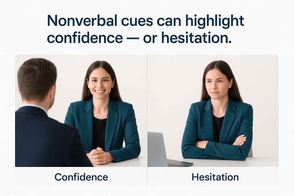 A split-screen photo comparison showing two versions of the same female candidate during an interview. The left side, labeled “Confidence,” shows her sitting upright with hands folded on the table, smiling and making eye contact with the interviewer. The right side, labeled “Hesitation,” shows her with arms crossed, a serious expression, and a tense posture. Both sides include a laptop and neutral office background. Above the images, the caption reads: “Nonverbal cues can highlight confidence — or hesitation.” The design is clean and professional, using a soft teal and navy color palette.