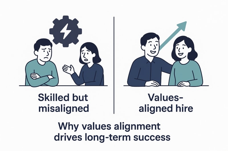 A split-panel flat-style illustration showing the contrast between two hiring outcomes. On the left, two cartoon-style characters look frustrated under a gear-and-lightning icon, labeled “Skilled but misaligned.” On the right, two smiling characters sit together with an upward arrow behind them, labeled “Values-aligned hire.” Below, a caption reads: “Why values alignment drives long-term success.” The design uses a clean white background with navy and teal tones in a modern, minimalist style.