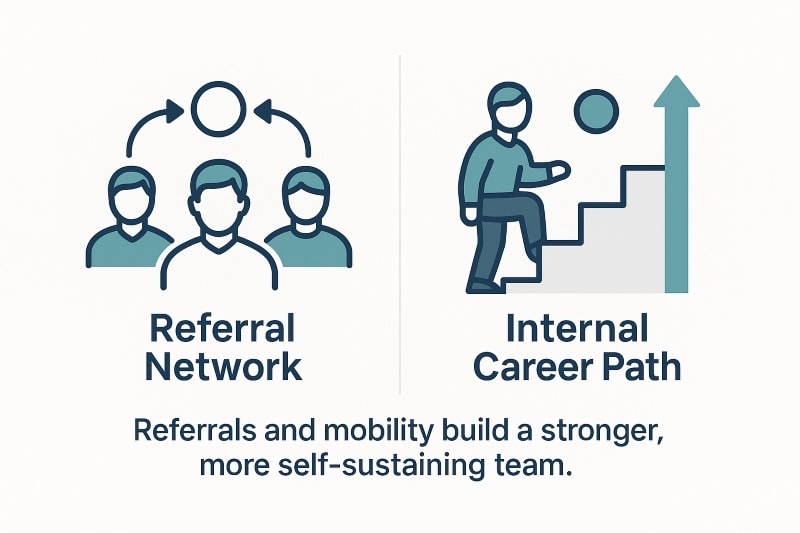 A side-by-side flat-style infographic with a white background, navy outlines, and teal accents. On the left, under the heading “Referral Network,” three employee icons are connected by circular referral arrows. On the right, under “Internal Career Path,” a figure climbs a staircase with an upward arrow, symbolizing promotions or lateral moves. Below both sections, a caption reads: “Referrals and mobility build a stronger, more self-sustaining team.” The layout emphasizes how internal networks and growth opportunities strengthen organizational resilience.