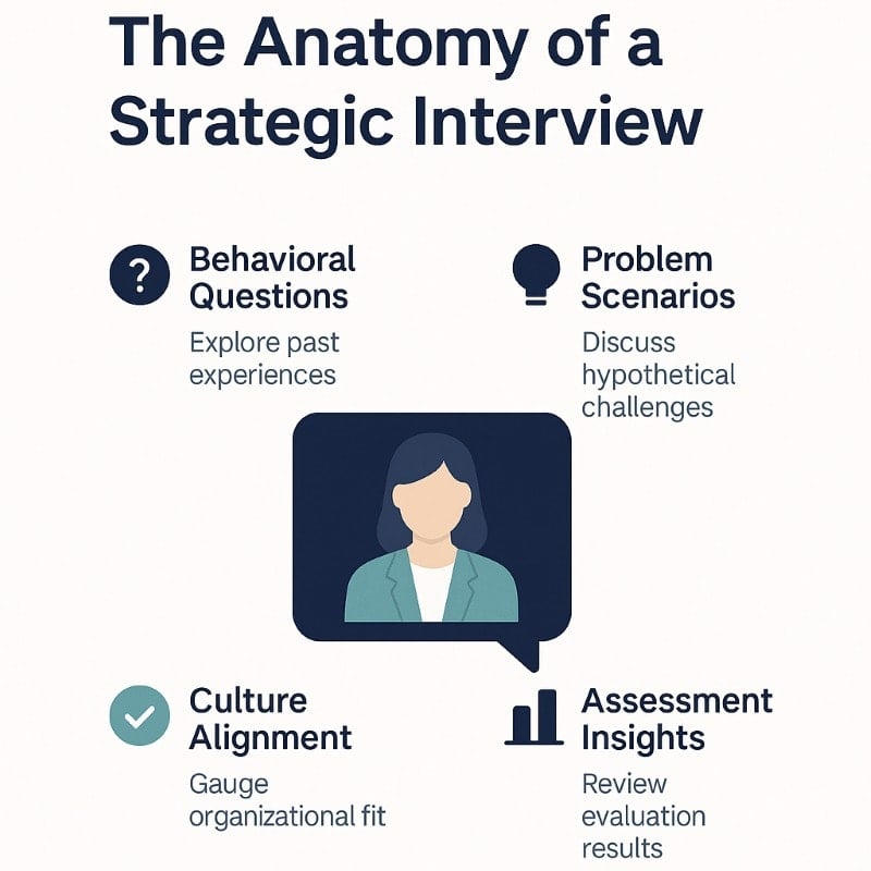 Infographic titled “The Anatomy of a Strategic Interview” featuring four labeled elements: Behavioral Questions (explore past experiences), Problem Scenarios (discuss hypothetical challenges), Culture Alignment (gauge organizational fit), and Assessment Insights (review evaluation results). A central illustration of a professional figure in a speech bubble ties the sections together. Clean layout with navy, teal, and light gray on a white background.
