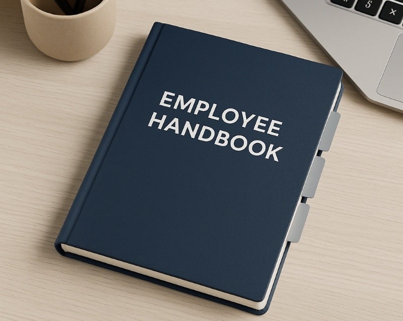 Employee handbook with a navy cover and labeled side tabs resting on a light wood desk beside a laptop and pen holder, with the caption 'What Every Small Business Handbook Should Include' below the image