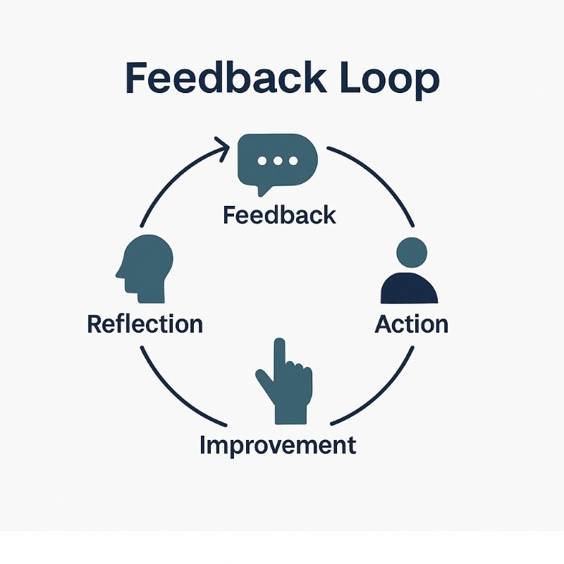 A flat-style circular infographic titled “Feedback Loop” on a light gray background. The loop features four sequential stages, each with a simple dark teal icon and navy label: “Feedback” (speech bubble icon), “Action” (person icon), “Improvement” (pointing hand icon), and “Reflection” (head silhouette icon). Arrows connect each stage in a clockwise direction, visually reinforcing the idea of continuous, intentional growth. The design is clean, minimal, and professional.