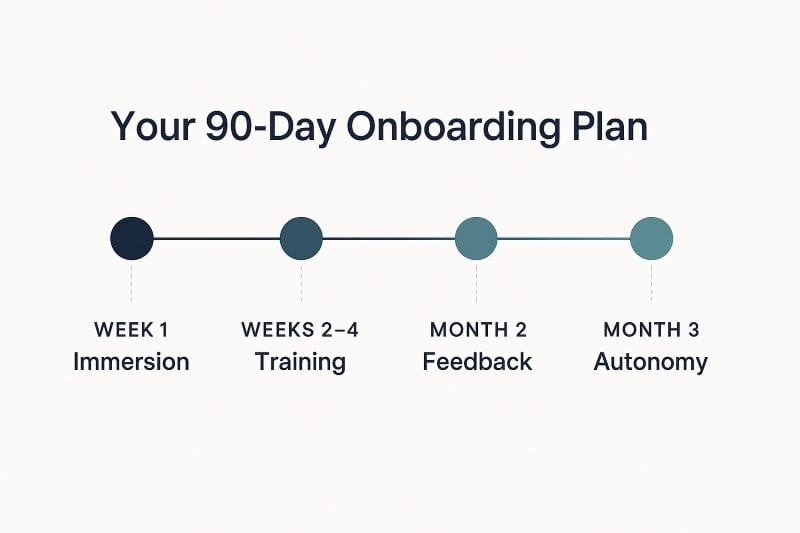 A minimalist horizontal timeline titled “Your 90-Day Onboarding Plan” on a light background. It features four evenly spaced circular icons connected by a line. Each segment is labeled: “Week 1 – Immersion,” “Weeks 2–4 – Training,” “Month 2 – Feedback,” and “Month 3 – Autonomy.” The color palette includes deep navy, charcoal, and soft teal, using a clean sans-serif font for clarity.