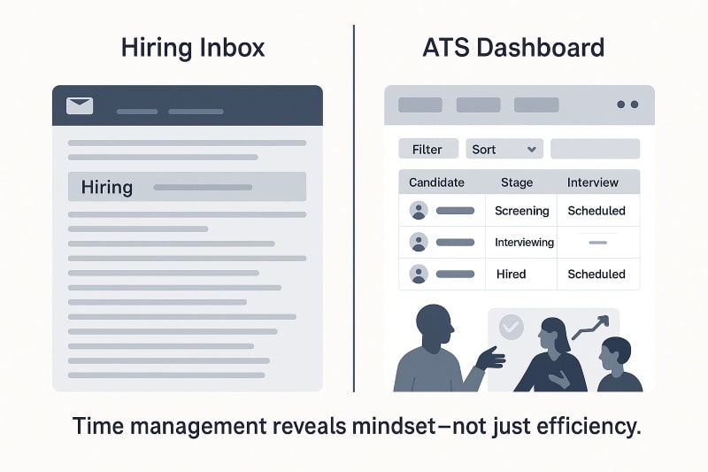 A split-screen digital illustration comparing a “Hiring Inbox” on the left and an “ATS Dashboard” on the right. The left side shows a cluttered, text-heavy email or spreadsheet interface labeled “Hiring,” symbolizing disorganized recruitment. The right side displays a clean applicant tracking system (ATS) interface with filters, candidate names, stages like “Screening,” “Interviewing,” and “Hired,” and interview statuses. At the bottom, stylized figures collaborate under an upward arrow and checkmark icon. Below the image, a caption reads: “Time management reveals mindset—not just efficiency.” The visual uses a minimalist navy, gray, and teal color palette.