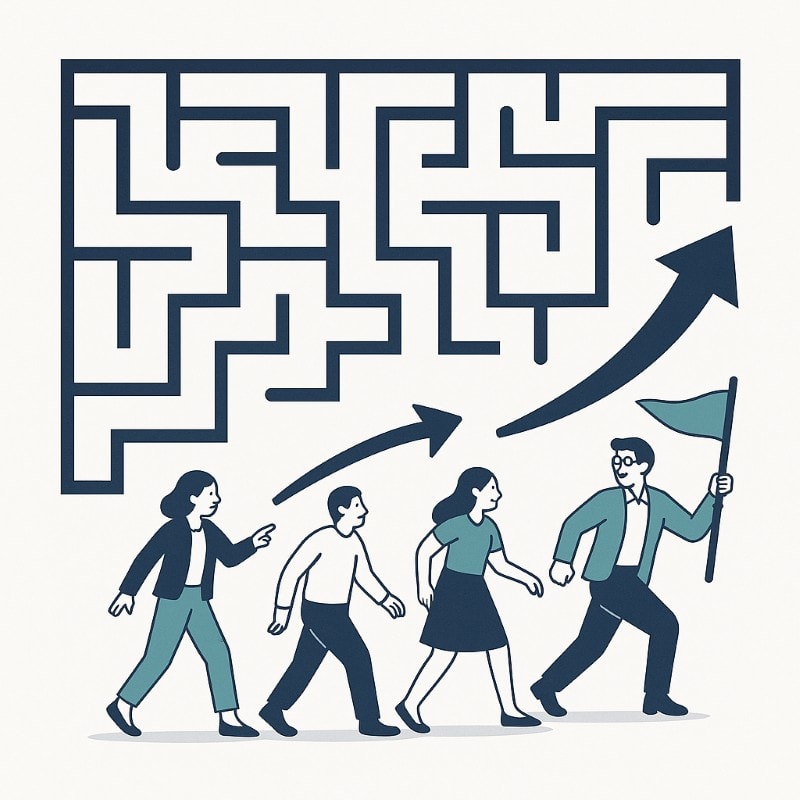 A flat-style digital illustration showing a team of four people navigating a navy-blue maze on a white background. Three team members walk in line, while a fourth figure leads ahead holding a teal flag. Two upward-pointing arrows curve around the maze, symbolizing movement and progress. The figures are dressed in navy, charcoal, and teal tones. The image visually represents the concept of team cohesion and adaptability, suggesting that alignment is maintained through dynamic effort and collaboration.