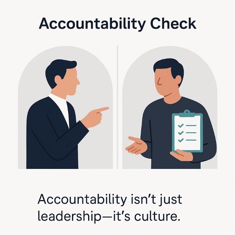 A flat-style digital illustration titled “Accountability Check,” showing two side-by-side figures. On the left, a person in a navy suit points a finger outward, representing directive leadership. On the right, a person in a dark shirt holds a teal clipboard with a checklist and gestures openly, symbolizing shared accountability and responsibility. Below, a caption reads: “Accountability isn’t just leadership—it’s culture.” The design uses minimalist shapes with muted navy, gray, and teal tones.