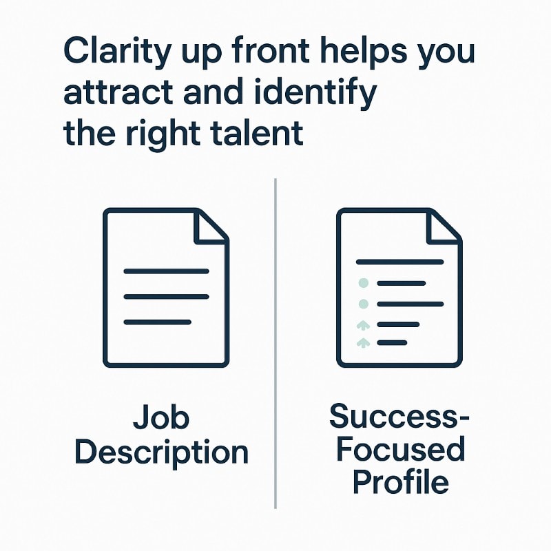 A clean, modern infographic with a white background and navy text. At the top, the caption reads: “Clarity up front helps you attract and identify the right talent.” Below, two document icons are shown side by side. The left is labeled “Job Description” and shows a generic page with horizontal lines. The right is labeled “Success-Focused Profile” and features a similar page icon, but with bullet points and upward arrows to represent traits and outcomes. The design uses a minimalist, teal-and-navy color palette aligned with a professional HR brand.