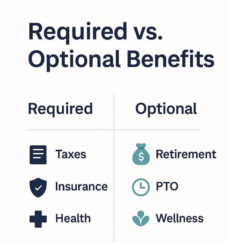 Infographic titled “Required vs. Optional Benefits” with two columns on a white background. The left column lists required benefits—Taxes, Insurance, Health—with navy icons. The right column lists optional benefits—Retirement, PTO, Wellness—using soft teal icons. Clean, minimalist design with a vertical divider separating the categories.