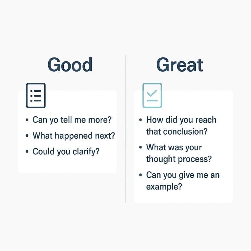 "A minimalist infographic comparing 'Good' vs. 'Great' follow-up interview questions. The 'Good' column on the left includes basic prompts like 'Can you tell me more?' and 'Could you clarify?'. The 'Great' column on the right features deeper, more analytical questions such as 'What was your thought process?' and 'Can you give me an example?'. Each section is marked with a simple icon—notes for 'Good' and a checkmark for 'Great'. The design uses a white background, navy and teal accents, and clean sans-serif typography consistent with OAD’s professional branding."
