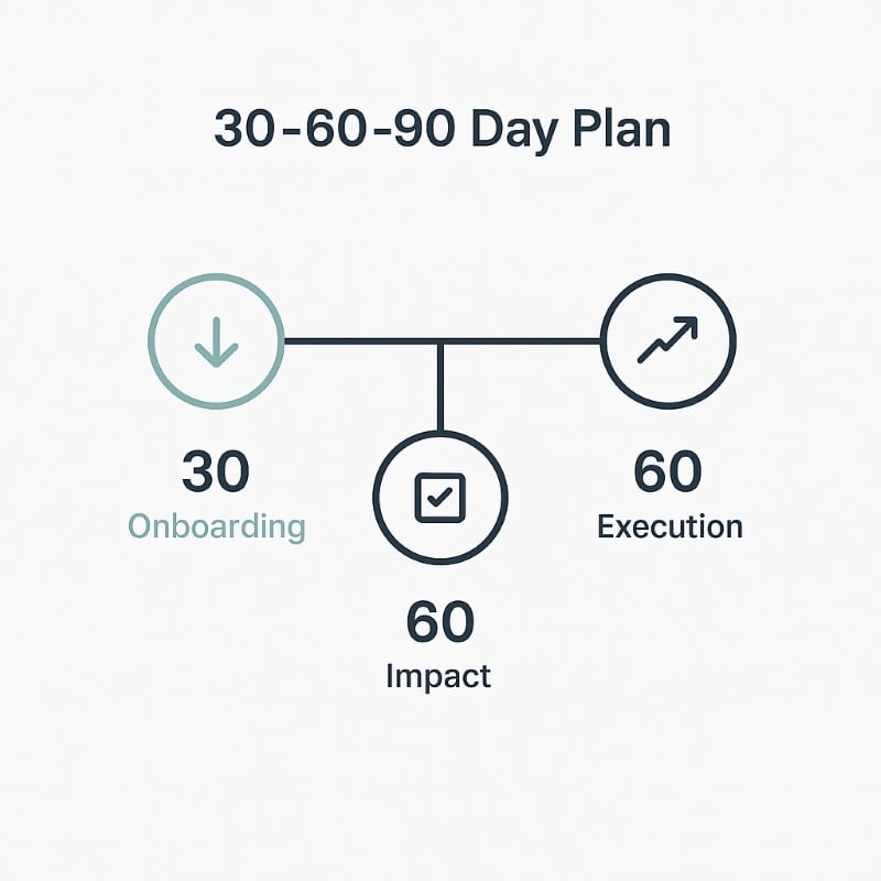 ChatGPT: Alt text: "A minimalist 30-60-90 Day Plan infographic displaying three phases—Onboarding (30), Execution (60), and Impact (90)—arranged horizontally along a timeline. Each phase is represented by a clean circular icon: a downward arrow for onboarding, a checkmark for impact, and an upward arrow for execution. The design uses a white background with navy and soft teal accents, clear sans-serif typography, and balanced spacing for a modern, professional look aligned with OAD’s brand."