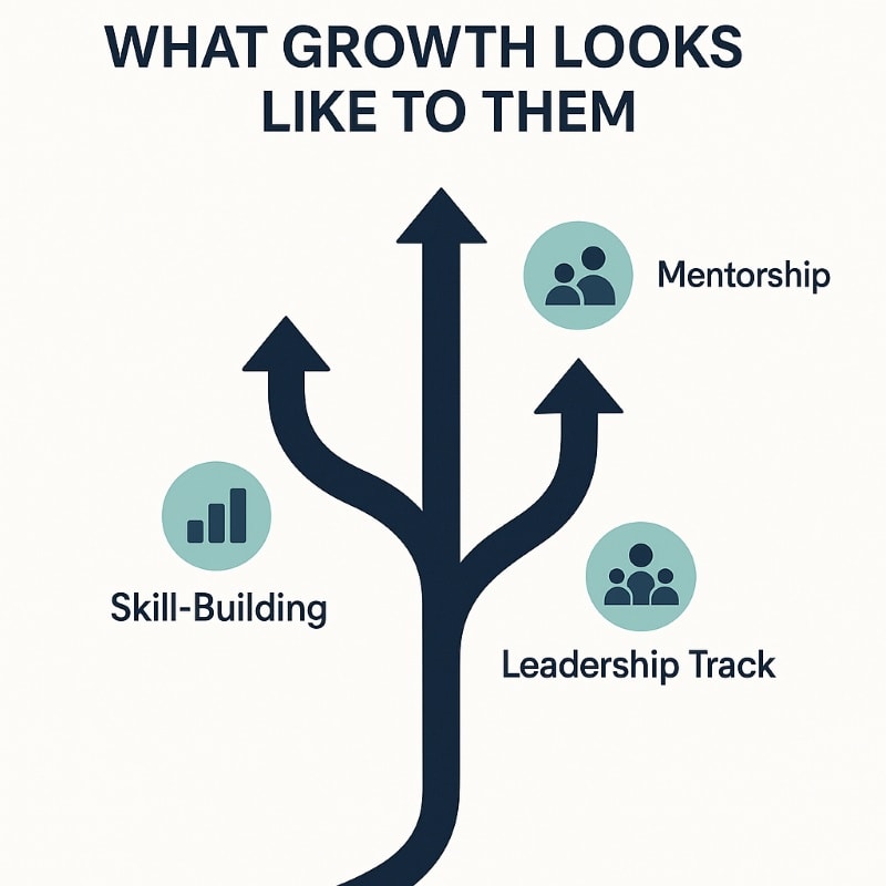 Diagram with three upward-pointing arrows branching from a single path, labeled ‘Mentorship,’ ‘Skill-Building,’ and ‘Leadership Track,’ representing different professional growth paths employees value.