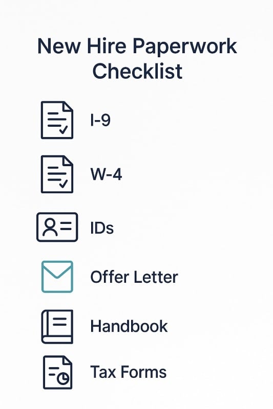 New Hire Paperwork Checklist with icons for I-9, W-4, IDs, Offer Letter, Handbook, and Tax Forms, presented in a clean, minimalist design using navy and teal on a light background.