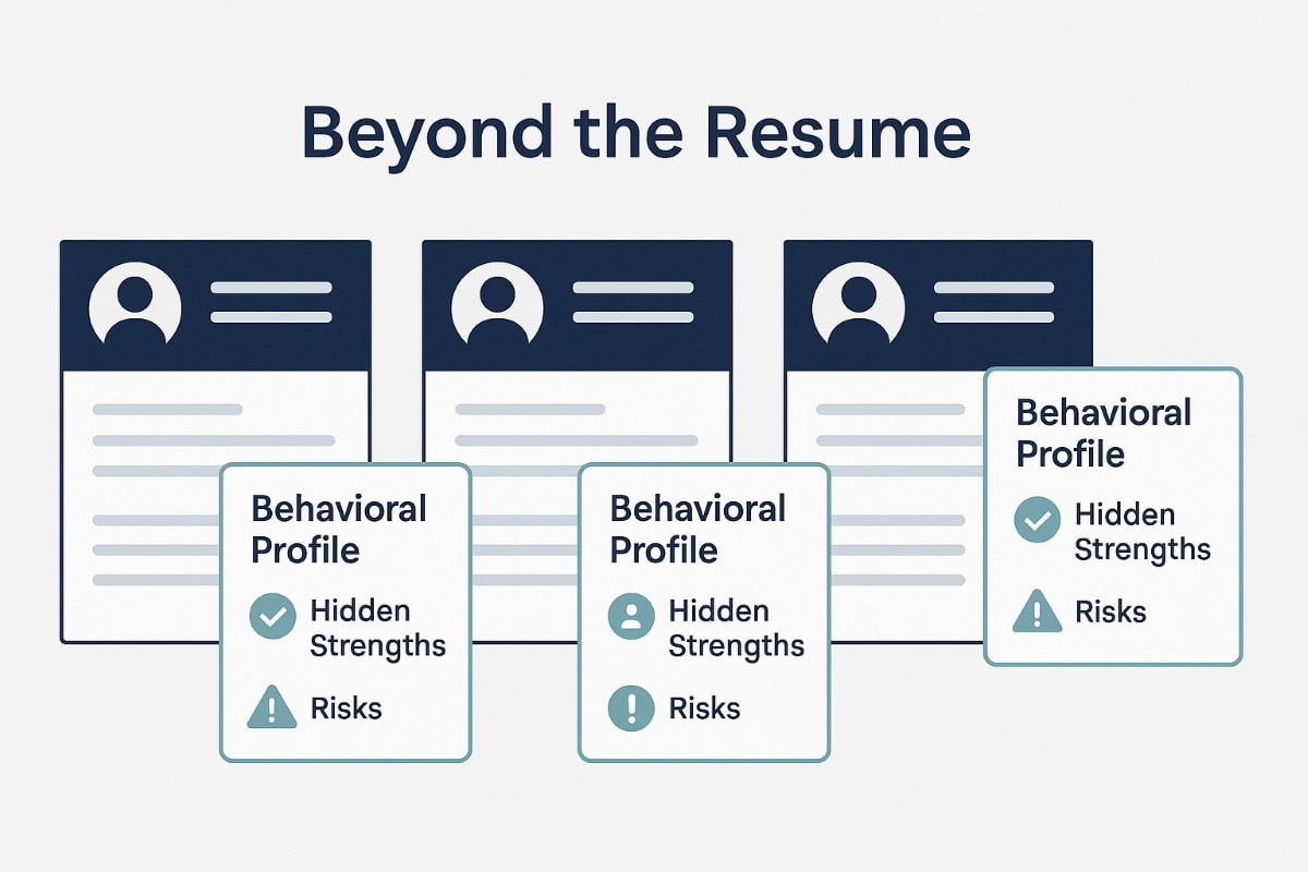A clean infographic titled "Beyond the Resume" featuring three resumes displayed side by side on a light gray background. Each resume is paired with a box labeled "Behavioral Profile," highlighting two key elements: "Hidden Strengths" with a teal checkmark icon and "Risks" with a warning triangle icon. The design uses navy blue and soft teal accents with simple, flat icons, representing how behavioral assessments can reveal insights that resumes alone do not show.