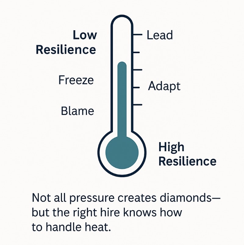 A vertical, thermometer-style infographic illustrating levels of resilience, set against a light background in a flat, minimalist design. The left side of the thermometer is labeled “Low Resilience” with stress responses “Freeze” and “Blame,” while the right side is labeled “High Resilience” with responses “Adapt” and “Lead.” The teal-colored thermometer fluid rises toward the upper levels. Below the graphic, a caption reads: “Not all pressure creates diamonds—but the right hire knows how to handle heat.” The design uses navy and teal tones with clean, sans-serif typography.
