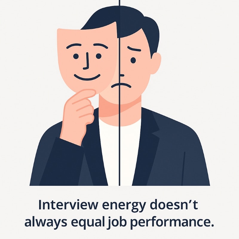 A flat-style digital illustration split vertically down the middle. On the left, a male figure in a suit holds up a smiling mask, representing confidence during a job interview. On the right, the same figure appears visibly stressed and disengaged, with a frown and slouched posture. Below the image, a caption reads: “Interview energy doesn’t always equal job performance.” The design uses muted tones of navy and peach with clean, minimalist styling.