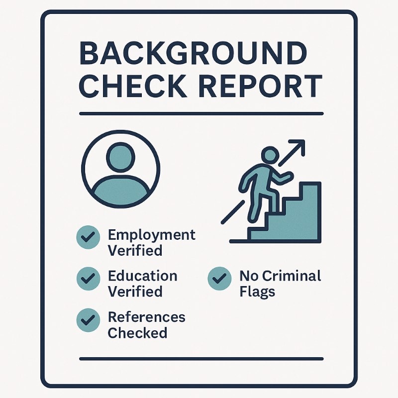 A flat-style digital illustration of a “Background Check Report” displayed on a white card with a navy border. The report includes a teal user icon on the left and a figure climbing stairs with an upward arrow on the right, symbolizing career progress. Four verification items are listed with teal checkmarks: “Employment Verified,” “Education Verified,” “References Checked,” and “No Criminal Flags.” The design uses clean typography and a minimalist layout to convey professionalism and trust.