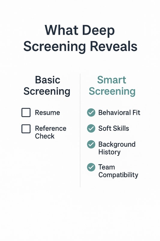 Infographic titled "What Deep Screening Reveals" in a clean, vertical layout. The left column labeled "Basic Screening" includes unchecked boxes for Resume and Reference Check. The right column labeled "Smart Screening" shows teal checkmarks next to Behavioral Fit, Soft Skills, Background History, and Team Compatibility. The design features OAD brand colors—navy, teal, and light gray—with a minimalist, mobile-friendly layout. ChatGPT fragen