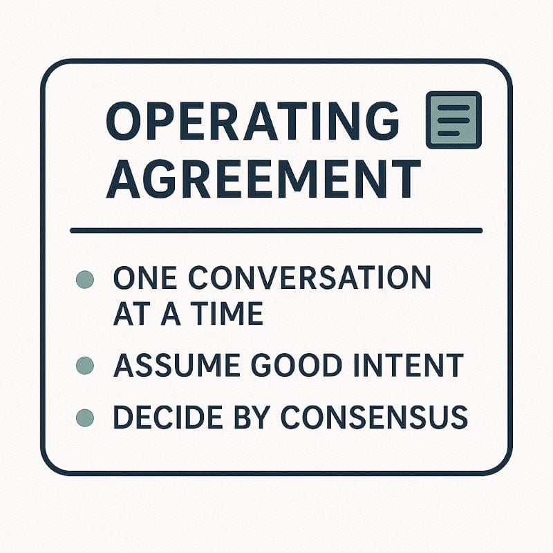 Flat-style graphic of a digital sign titled 'Operating Agreement,' listing three team ground rules: 'One conversation at a time,' 'Assume good intent,' and 'Decide by consensus.' Each rule is marked with a teal bullet point, using a navy, teal, and light gray color palette on a clean, modern layout.