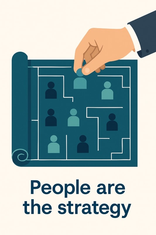 Flat-style illustration of a rolled-out company blueprint with teal and navy human icons placed inside outlined rooms. A hand in a suit is shown adding one icon to the plan. Below the image, the text reads: 'People are the strategy.' The design uses a clean, modern aesthetic with a minimalist color palette of deep teal, navy, and off-white.