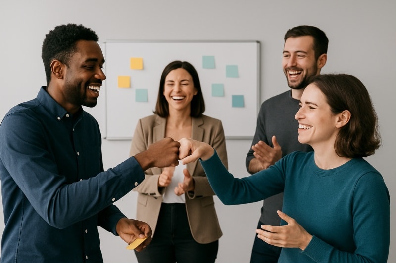 Four coworkers in a modern office celebrate a small win. Two colleagues, a smiling man in a navy shirt and a woman in a teal sweater, share a fist bump in the foreground. Behind them, a man and woman applaud and laugh near a whiteboard covered in colorful sticky notes, symbolizing teamwork and informal recognition in a collaborative workspace.