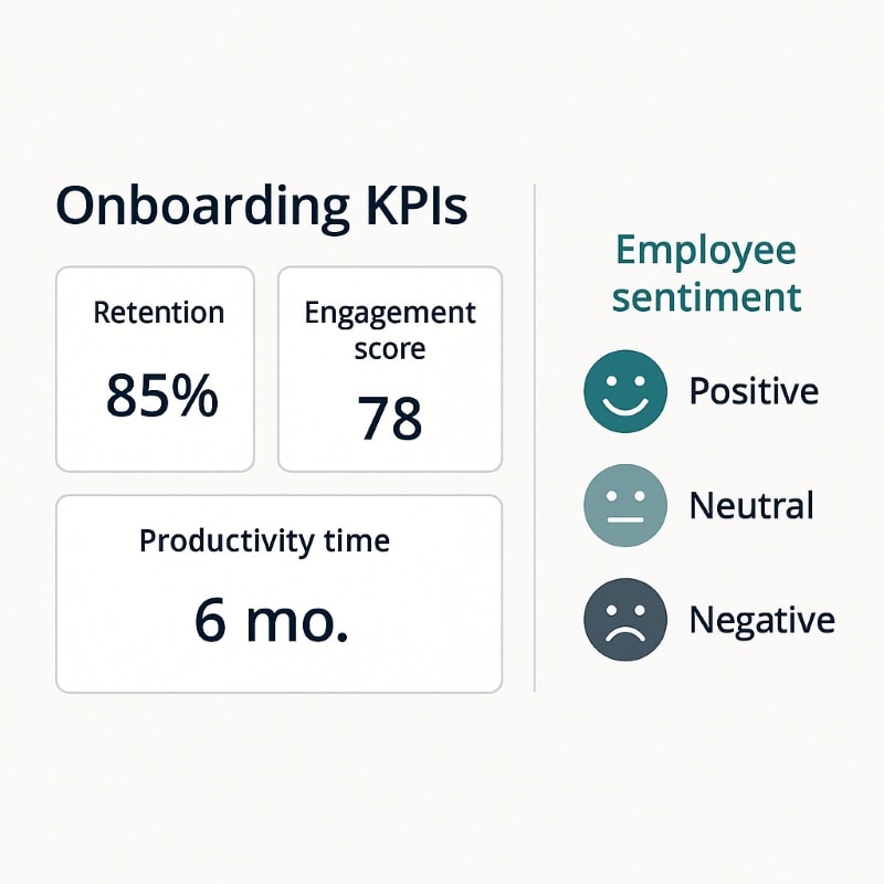 Dashboard-style graphic displaying key onboarding KPIs and employee sentiment. On the left, three white boxes show Retention (85%), Engagement Score (78), and Productivity Time (6 mo.) in bold, dark navy text. On the right, a vertical column labeled 'Employee Sentiment' shows three teal icons: a smiling face labeled Positive, a neutral face labeled Neutral, and a sad face labeled Negative. The design is clean, modern, and executive-friendly with a soft, minimal color palette.