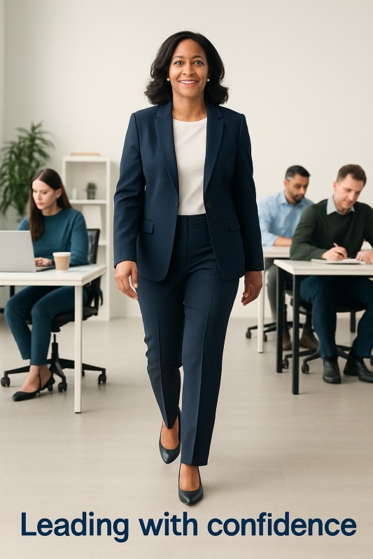 Confident African-American woman in a navy-blue pantsuit walks forward through a modern office space, smiling slightly. Behind her, a diverse team of professionals is seated and working independently at desks. The setting is bright and minimal, with the caption 'Leading with confidence' displayed at the bottom.