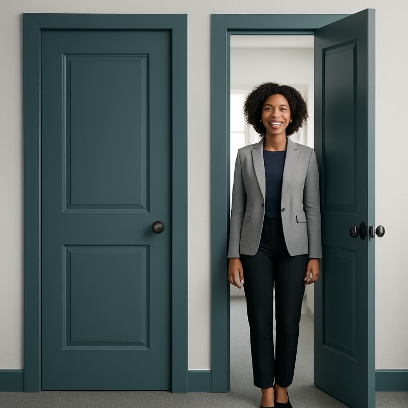 Professional photo of a confident young African American woman standing in a modern office doorway. One teal door is open, revealing her in a tailored gray blazer and navy top, while the other door beside her remains closed. The setting features light gray walls and soft, natural lighting, symbolizing opportunity and potential. ChatGPT fragen