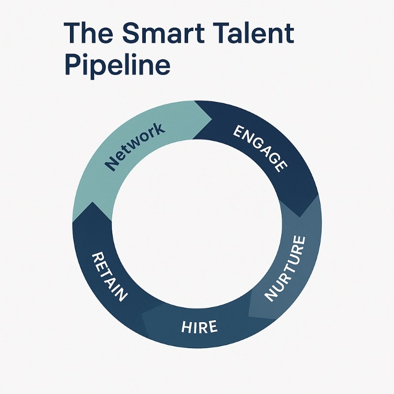 Circular infographic titled "The Smart Talent Pipeline" showing a continuous loop with six connected stages: Network, Engage, Nurture, Hire, Retain, and Repeat. Each stage is represented by a sleek arrow forming a ring, using a gradient from soft teal to deep navy on a light gray background, emphasizing the ongoing, cyclical nature of modern talent management. ChatGPT fragen
