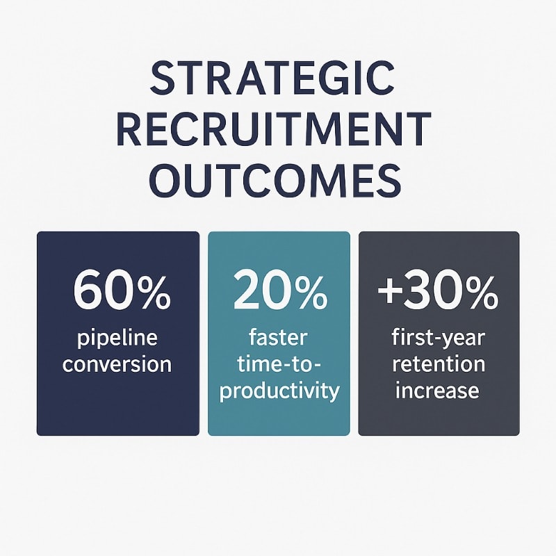 Infographic titled “Strategic Recruitment Outcomes” on a white background with three bold data blocks. Each block displays a key metric in white sans-serif font: “60% pipeline conversion” (navy block) “20% faster time-to-productivity” (teal block) “+30% first-year retention increase” (charcoal block) Design is modern, high-contrast, and aligns with OAD’s brand aesthetic.