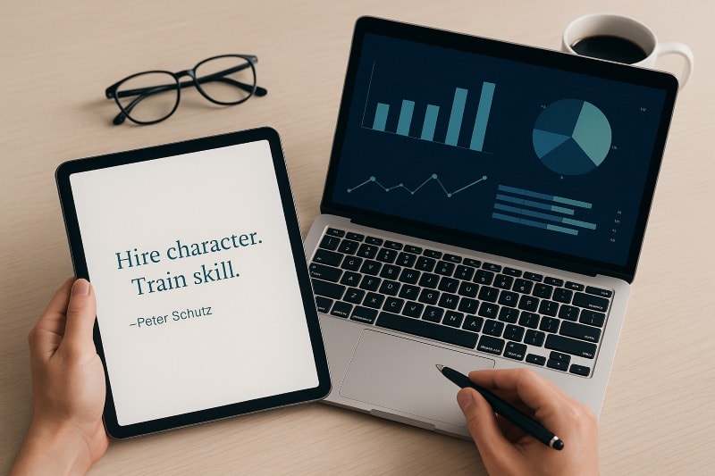 A clean, professional desk setup featuring a tablet displaying the quote "Hire character. Train skill." by Peter Schutz, next to a laptop showing teal-colored data charts and graphs. A pair of eyeglasses and a coffee mug rest on the light wooden surface, evoking a balance between human judgment and data-driven decision-making in the hiring process. ChatGPT fragen