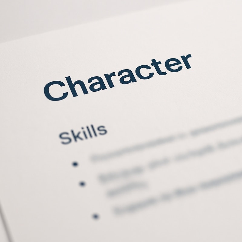 Close-up image of a résumé with the word "Character" prominently highlighted in bold navy text near the top. Below it, the word "Skills" appears in smaller font, followed by blurred bullet points, creating a soft-focus effect that draws attention to character as the central attribute. The background is minimal and softly lit. ChatGPT fragen