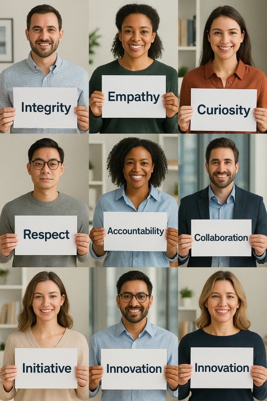 Collage of nine diverse employees, each holding a white sign with a bold company value written in navy text. The values include: Integrity, Empathy, Curiosity, Respect, Accountability, Collaboration, Initiative, and Innovation (appearing twice). Each person is photographed from the waist up against soft, professional backgrounds, smiling or looking thoughtfully at the camera.