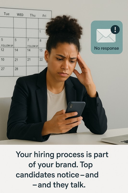 Frustrated job candidate sitting at a desk, looking at her phone with a furrowed brow. A calendar behind her shows missed “follow-up” dates, and a teal notification icon nearby reads “No response.” Caption below says: “Your hiring process is part of your brand. Top candidates notice—and they talk.” ChatGPT fragen