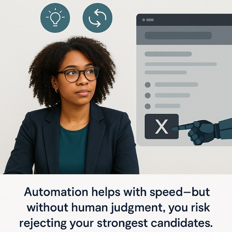 Professional image of a young woman in business attire sitting thoughtfully, with teal icons for creativity and adaptability floating above her head. To the right, a robotic hand hovers over a digital dashboard, pressing a large “X” to reject a candidate. Caption reads: “Automation helps with speed—but without human judgment, you risk rejecting your strongest candidates.” ChatGPT fragen